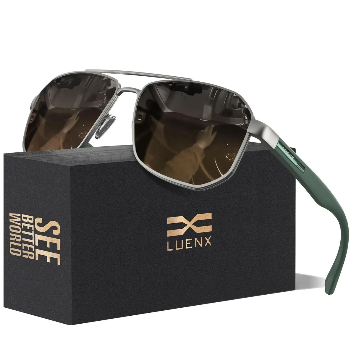 Luenx Square Aviator Sunglasses for Men - 61mm Lens Width, Gradient Black Brown | Polarized UV400 Protection - main product image