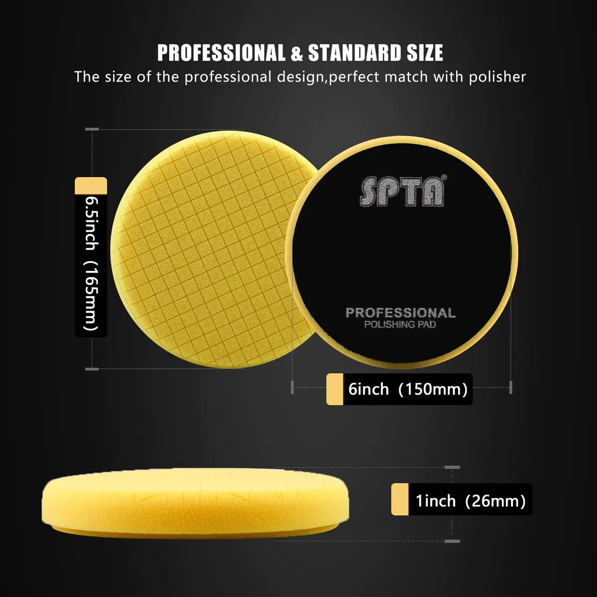 SPTA Yellow T80 Medium Cut Foam Polishing Pad 6.5 Inch (165mm) Face for 6 Inch (150mm) Backing Plate | 3Pcs High-Cut Abrasive for Compounding, Polishing, Waxing - view 2