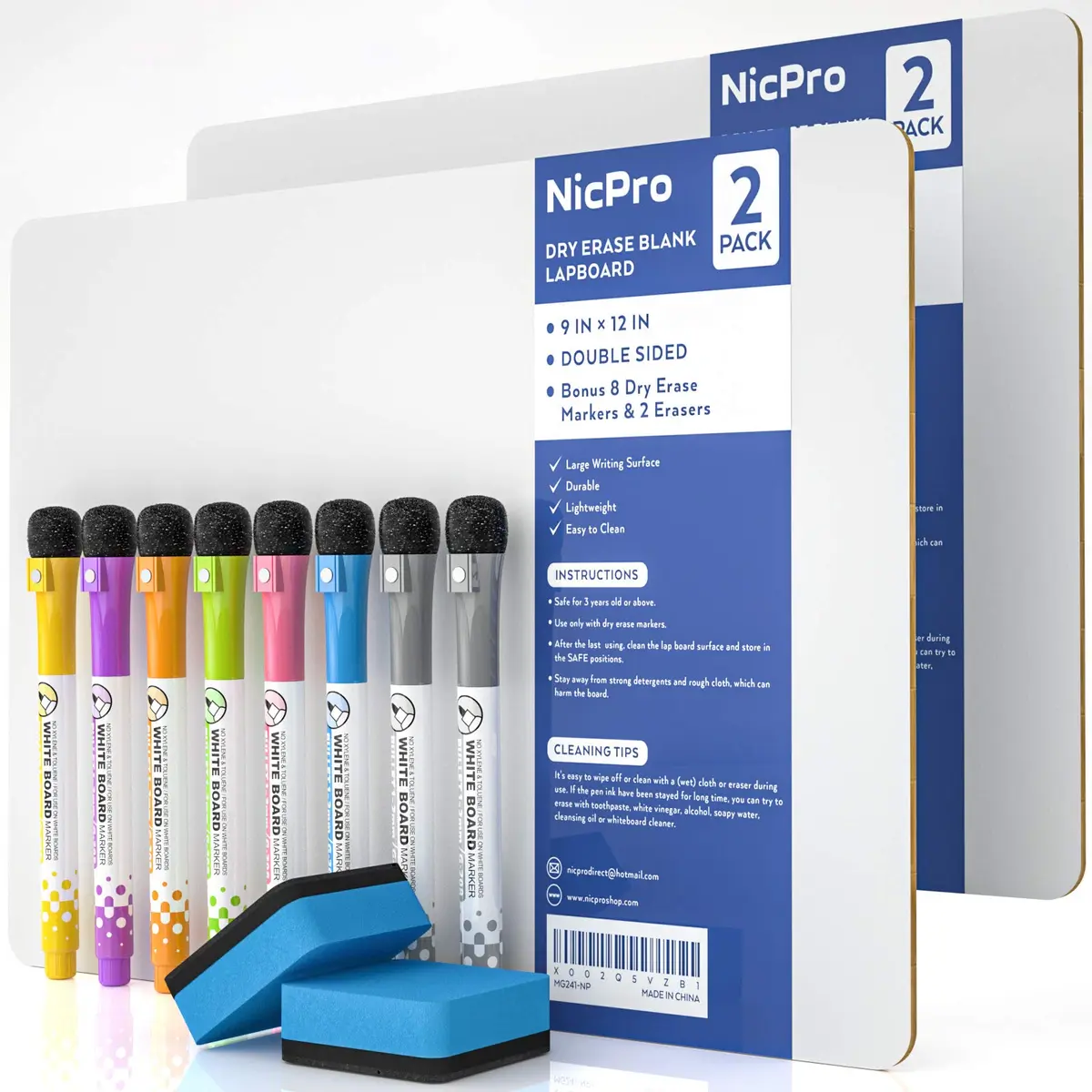Nicpro Double Sided Dry Erase Lap Board 9 x 12 inches (2 Pack) | Portable Whiteboard for Students & Classrooms - main product image
