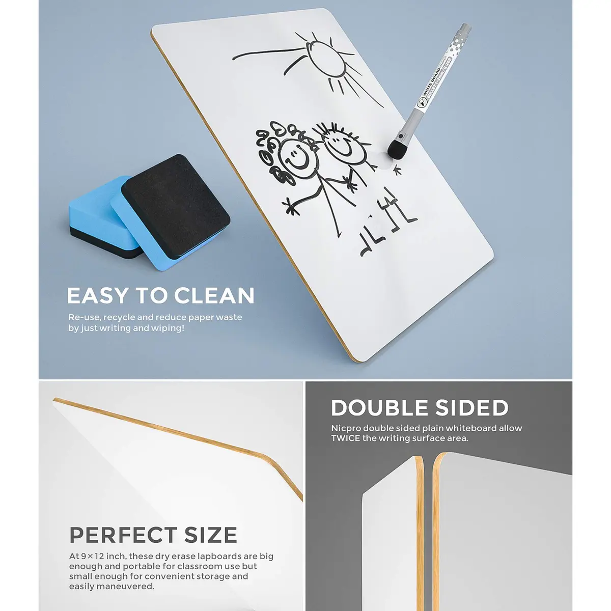 Nicpro Double Sided Dry Erase Lap Board 9 x 12 inches (2 Pack) | Portable Whiteboard for Students & Classrooms - view 3
