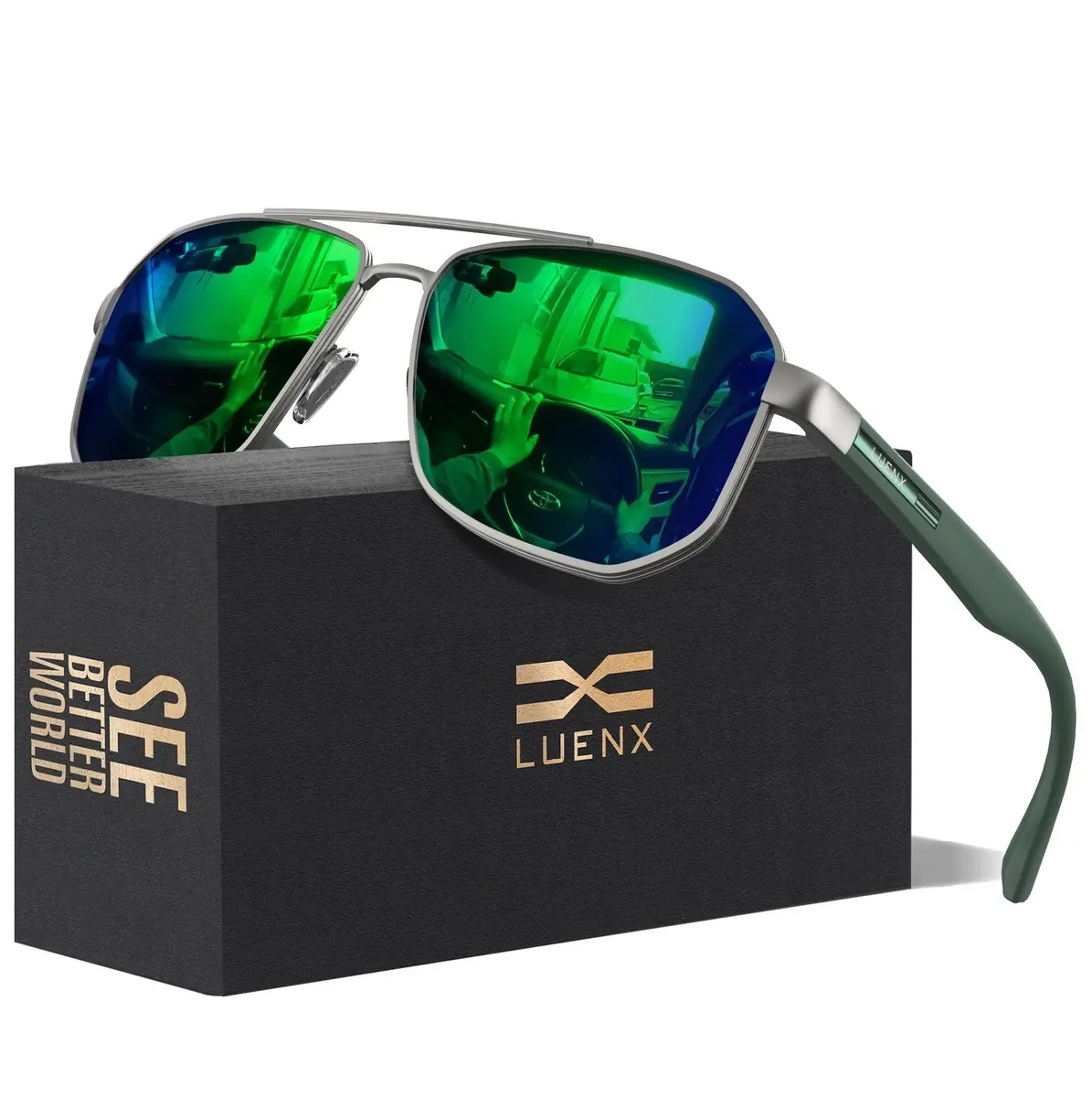 Luenx Aviator Polarized Sunglasses for Men: Square UV400 Driving | Large Frame, Mirror Green Lens - main product image