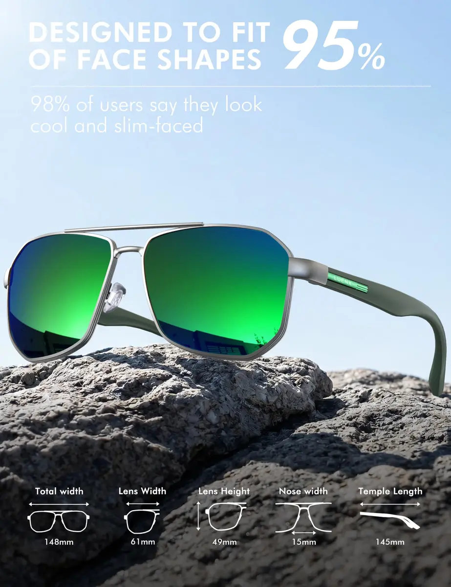 Luenx Aviator Polarized Sunglasses for Men: Square UV400 Driving | Large Frame, Mirror Green Lens - view 5