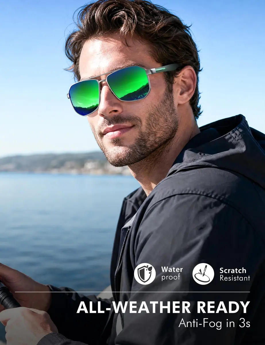 Luenx Aviator Polarized Sunglasses for Men: Square UV400 Driving | Large Frame, Mirror Green Lens - view 6