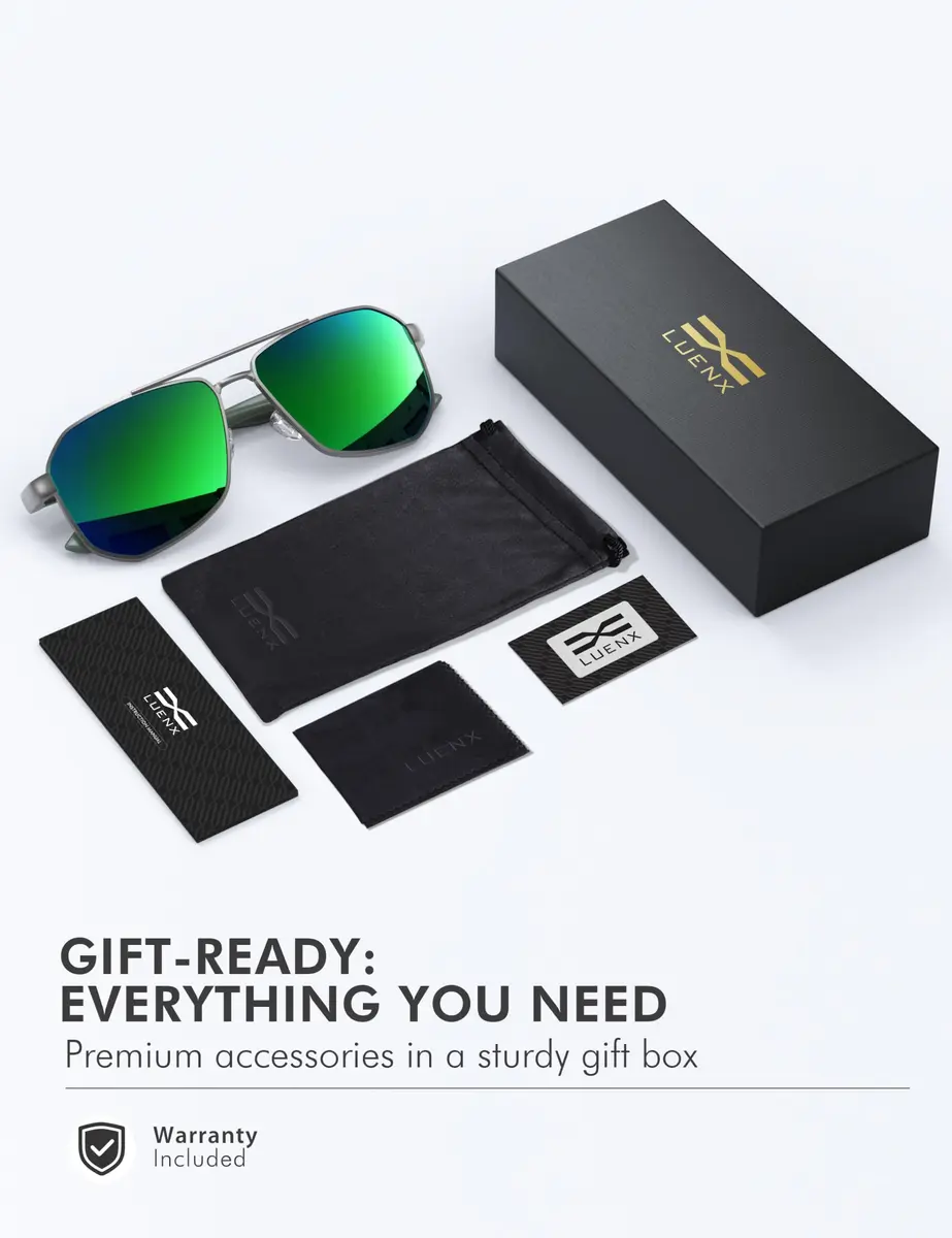 Luenx Aviator Polarized Sunglasses for Men: Square UV400 Driving | Large Frame, Mirror Green Lens - view 7