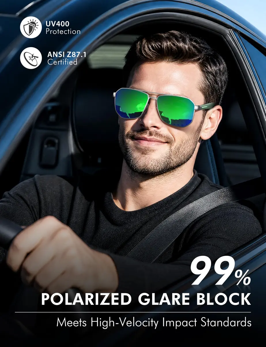 Luenx Aviator Polarized Sunglasses for Men: Square UV400 Driving | Large Frame, Mirror Green Lens - view 2