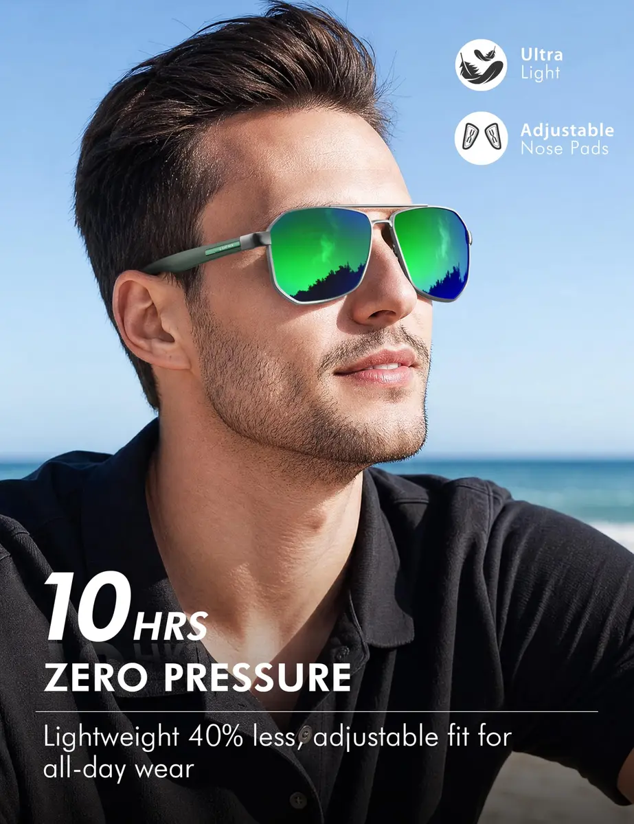 Luenx Aviator Polarized Sunglasses for Men: Square UV400 Driving | Large Frame, Mirror Green Lens - view 4