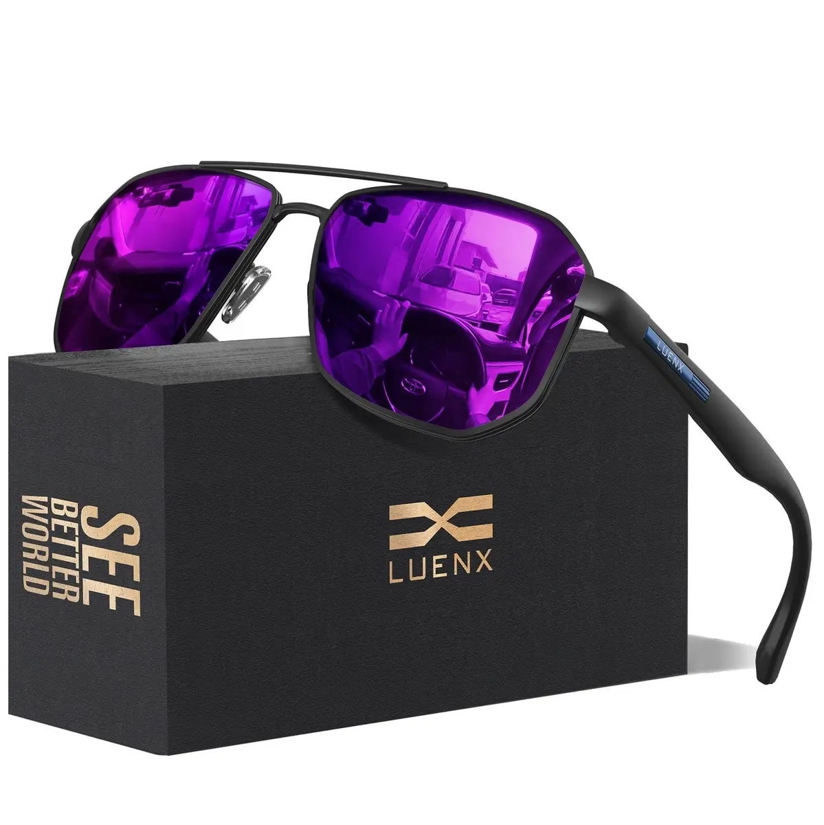 Luenx Aviator Polarized Sunglasses for Men: Square UV400 Driving, 61mm (2.4 inches) Lens Width - main product image