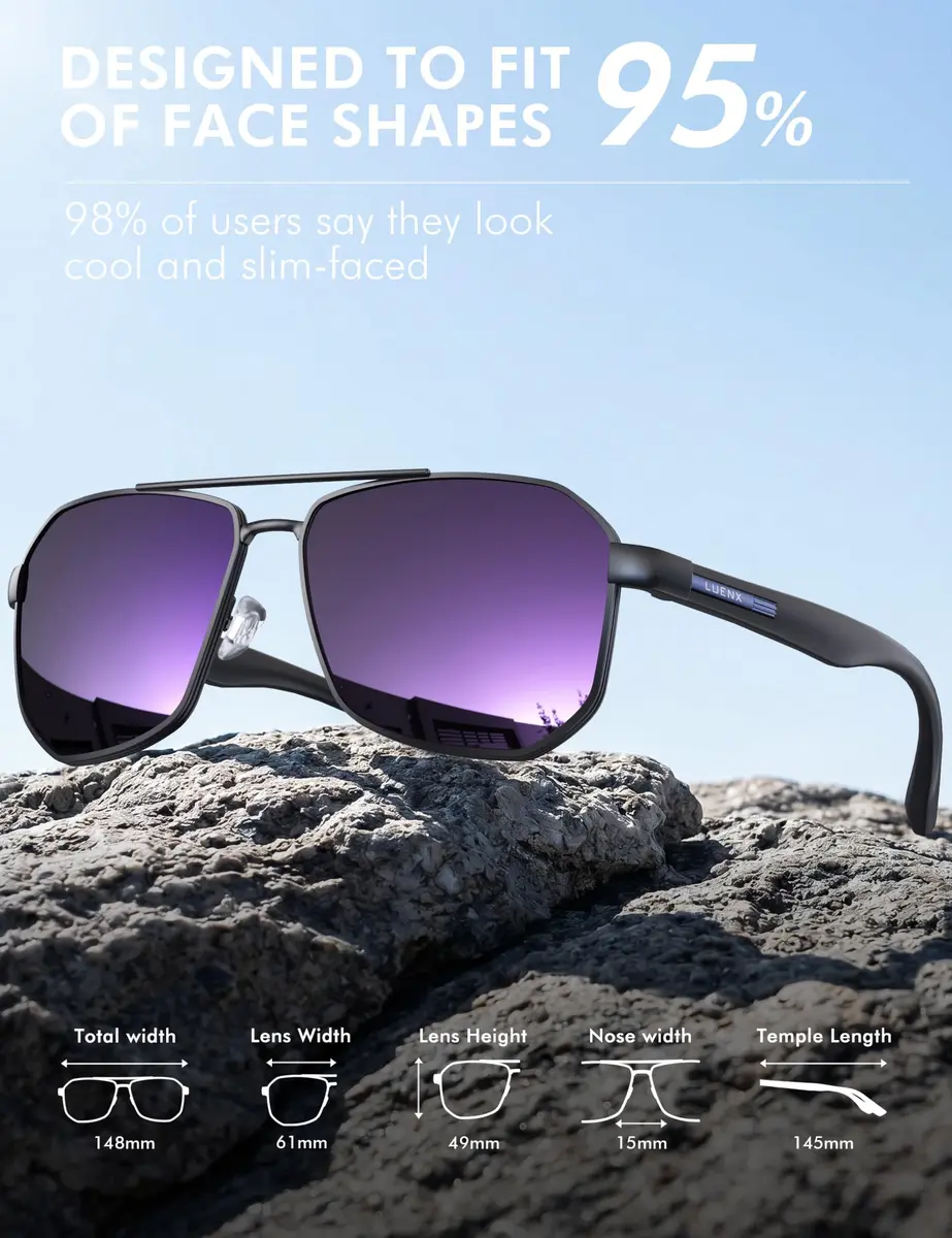 Luenx Aviator Polarized Sunglasses for Men: Square UV400 Driving, 61mm (2.4 inches) Lens Width - view 5