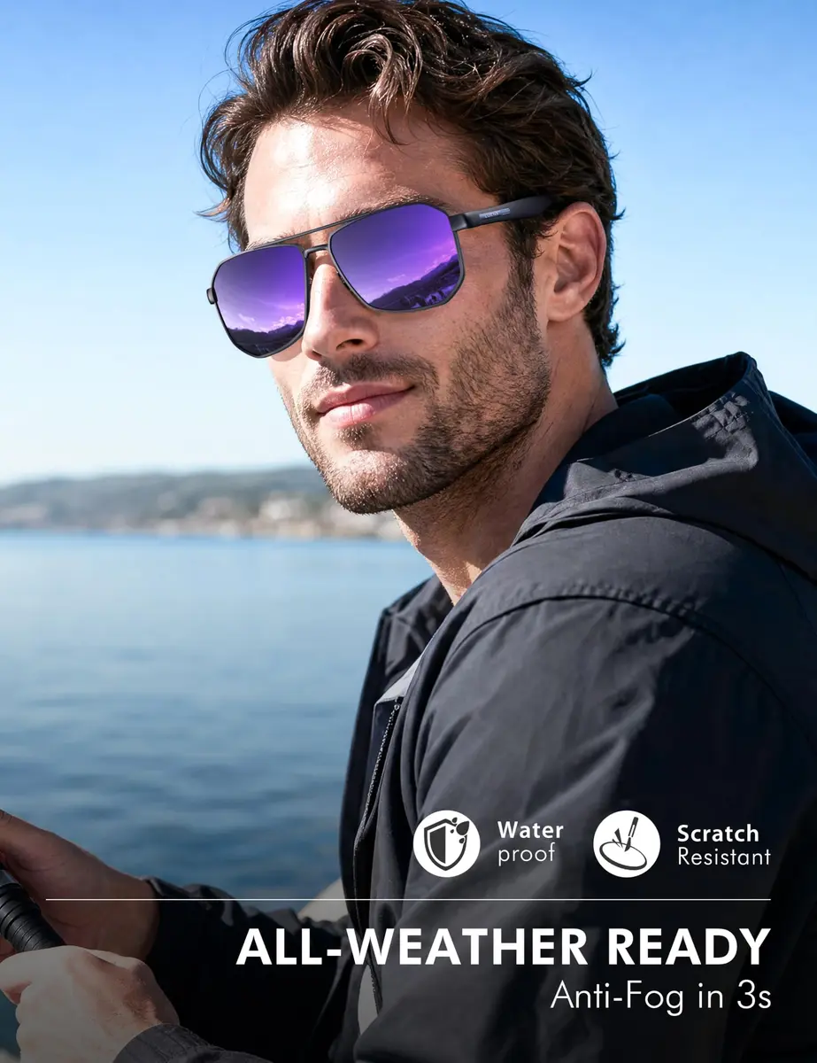 Luenx Aviator Polarized Sunglasses for Men: Square UV400 Driving, 61mm (2.4 inches) Lens Width - view 6