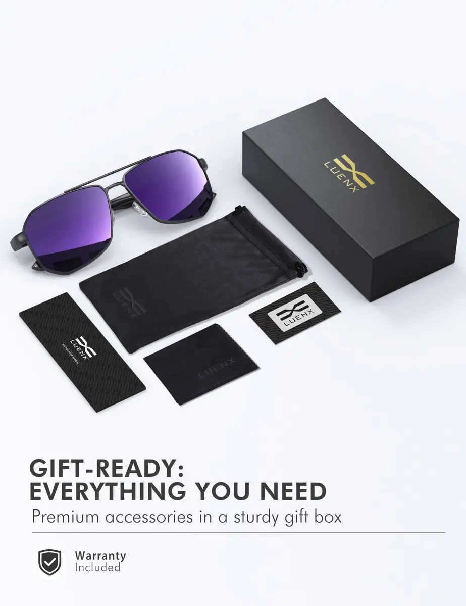 Luenx Aviator Polarized Sunglasses for Men: Square UV400 Driving, 61mm (2.4 inches) Lens Width - view 7