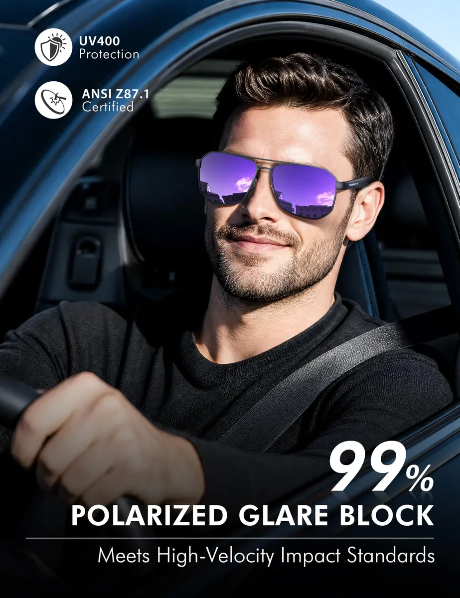 Luenx Aviator Polarized Sunglasses for Men: Square UV400 Driving, 61mm (2.4 inches) Lens Width - view 2