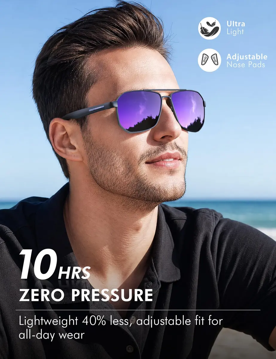 Luenx Aviator Polarized Sunglasses for Men: Square UV400 Driving, 61mm (2.4 inches) Lens Width - view 4