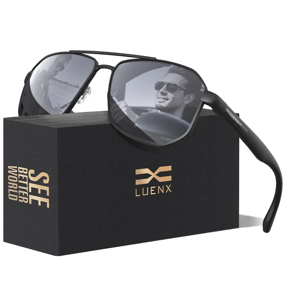 Luenx Aviator Polarized Sunglasses for Men: Square UV400 Driving | High-Protection, Stylish Design - main product image