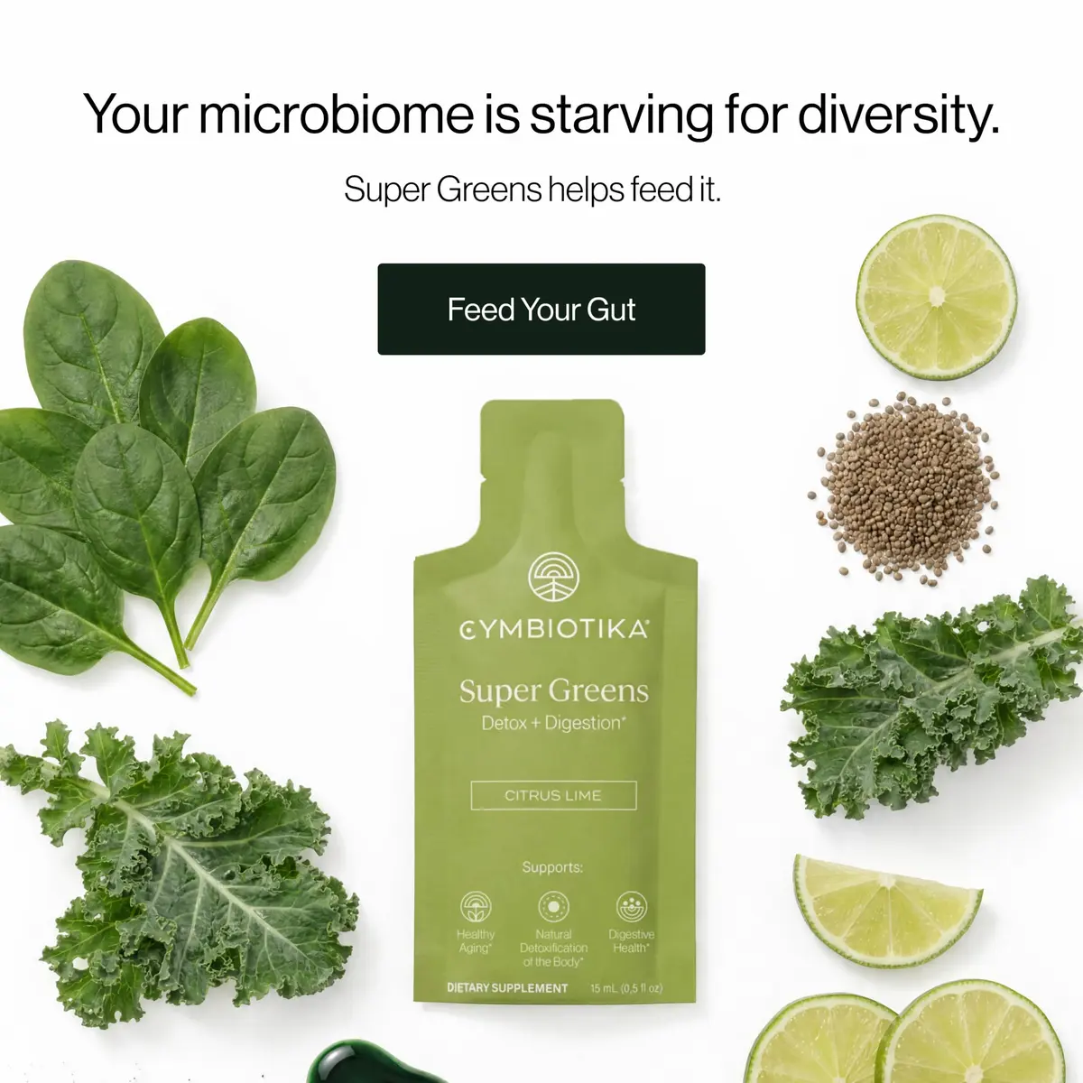 CYMBIOTIKA Super Greens with Chlorophyll & Spirulina for Energy | Vegan, Gluten-Free, Citrus Lime Flavor - view 2