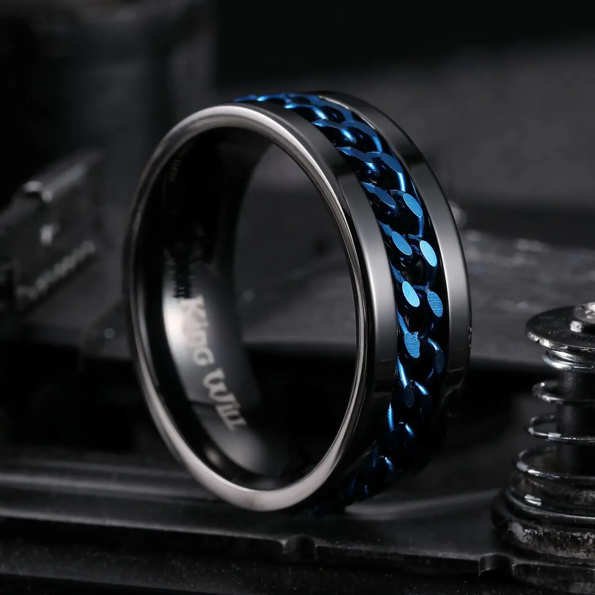 King Will Stainless Steel Fidget Ring 8mm Blue Chain Spin Size 15 (US 15) - view 3