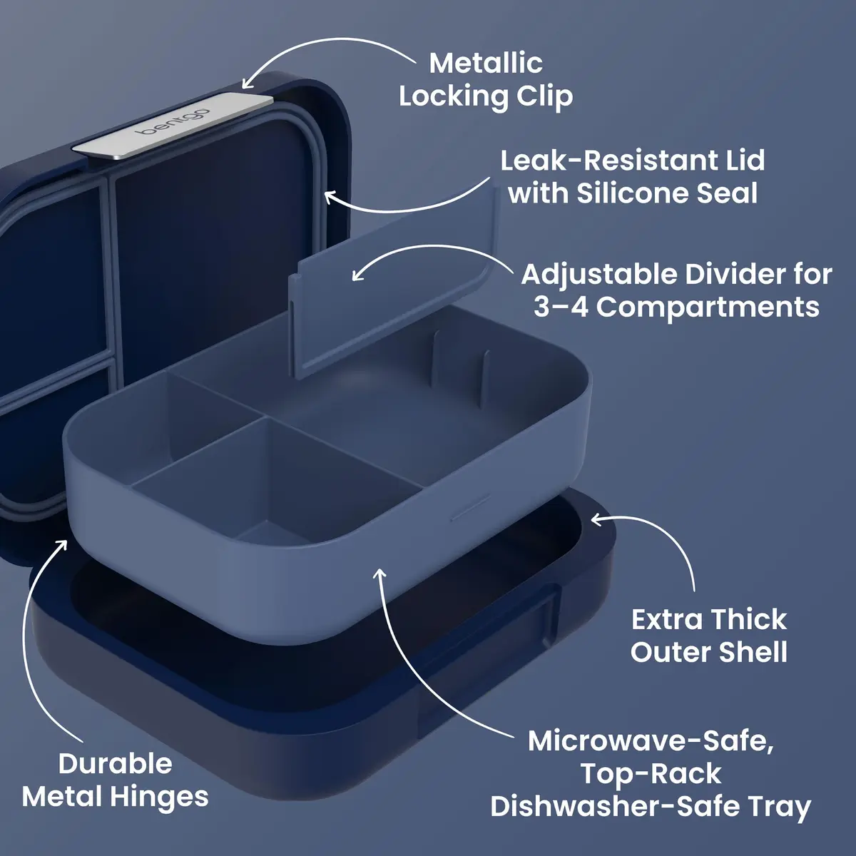 Bentgo Modern Adult Bento Lunch Box with 3-4 Compartments, 1.59 L (5.5 Cups) | Leak-Resistant, Microwave-Safe, Navy - view 5