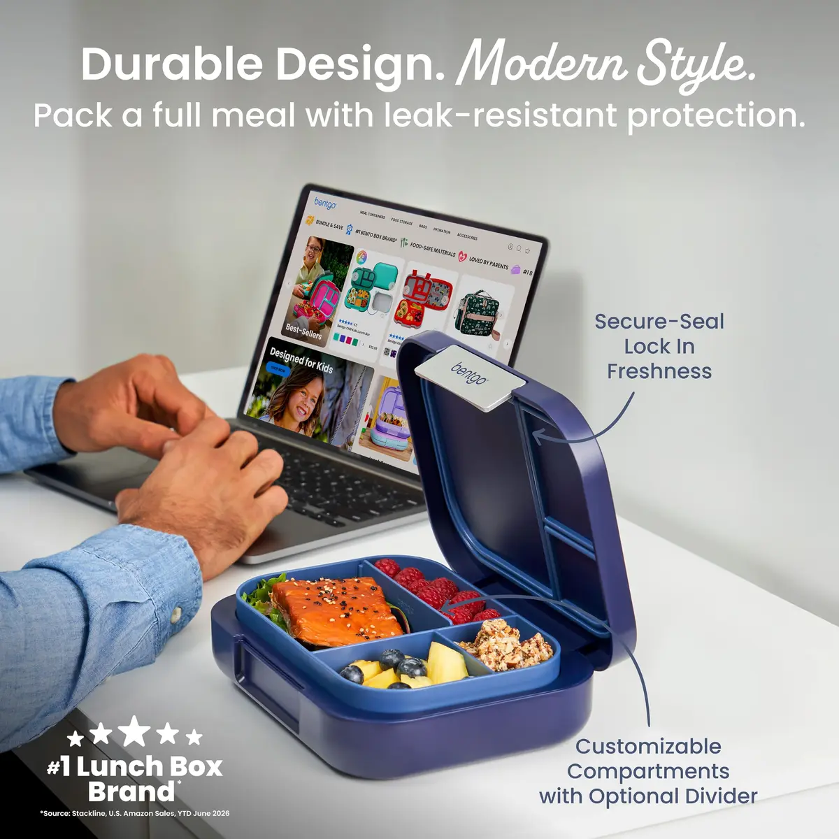 Bentgo Modern Adult Bento Lunch Box with 3-4 Compartments, 1.59 L (5.5 Cups) | Leak-Resistant, Microwave-Safe, Navy - view 2