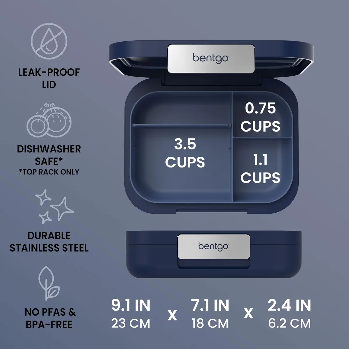 Bentgo Modern Adult Bento Lunch Box with 3-4 Compartments, 1.59 L (5.5 Cups) | Leak-Resistant, Microwave-Safe, Navy - view 3