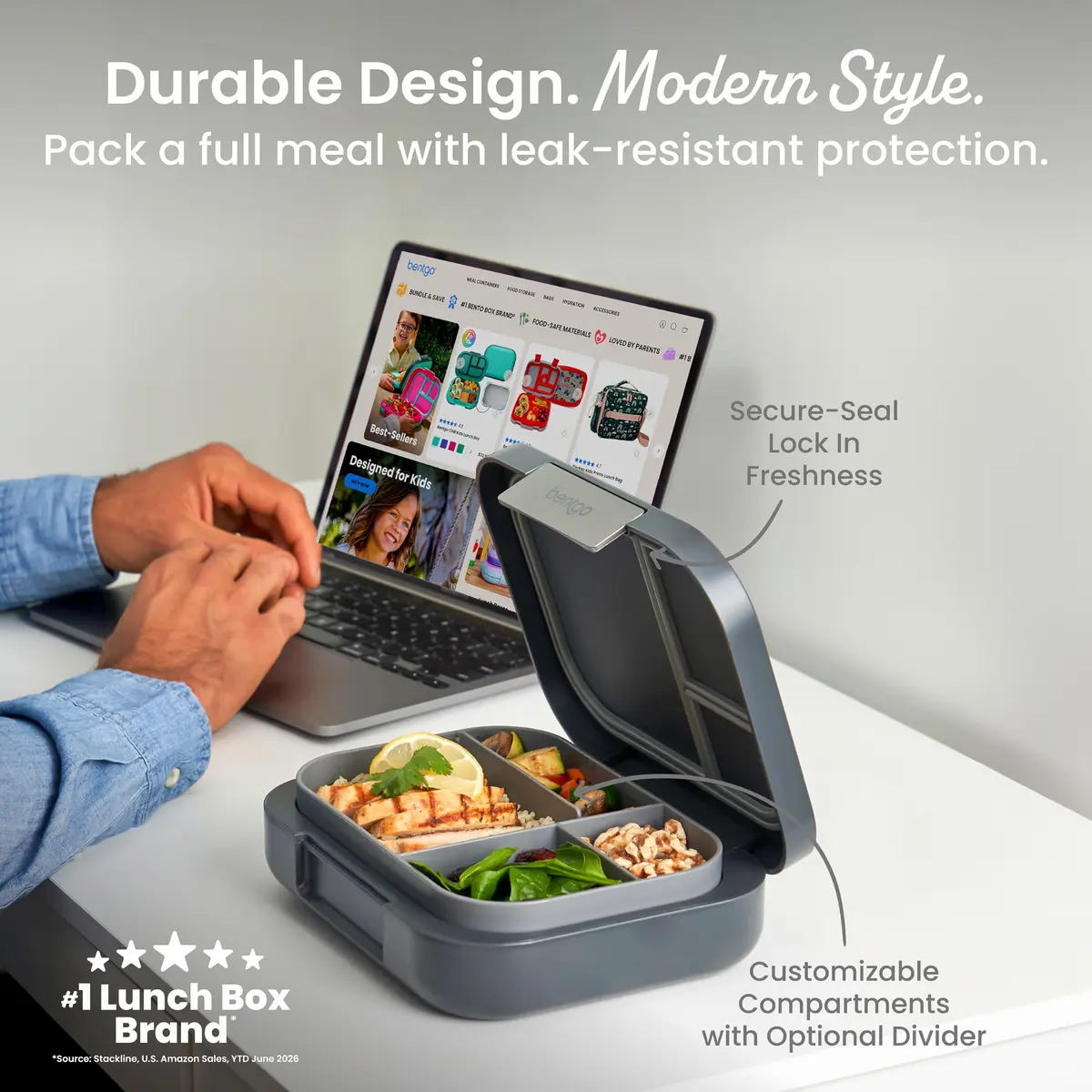 Bentgo Modern Adult Bento Lunch Box with 3-4 Compartments, 1.6 lb (0.73 kg) | Leak-Resistant, Microwave-Safe Tray - view 2