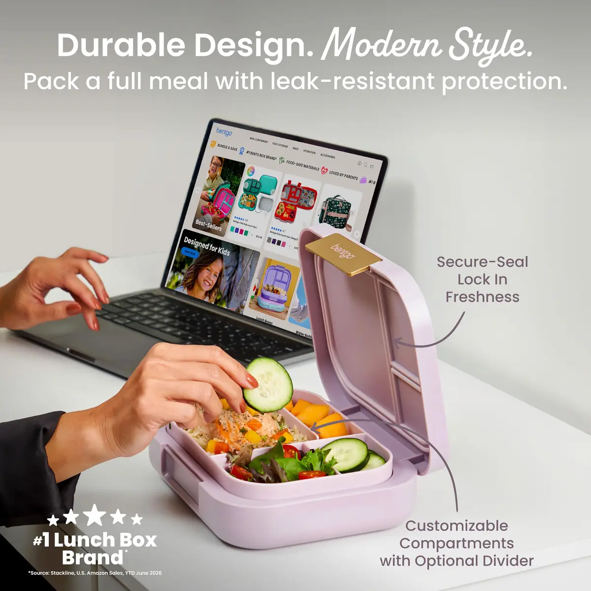 Bentgo Modern Adult Bento Lunch Box with 3-4 Compartments, 1.6 kg (3.5 lb) | Leak-Resistant, Microwave-Safe, Orchid - view 2