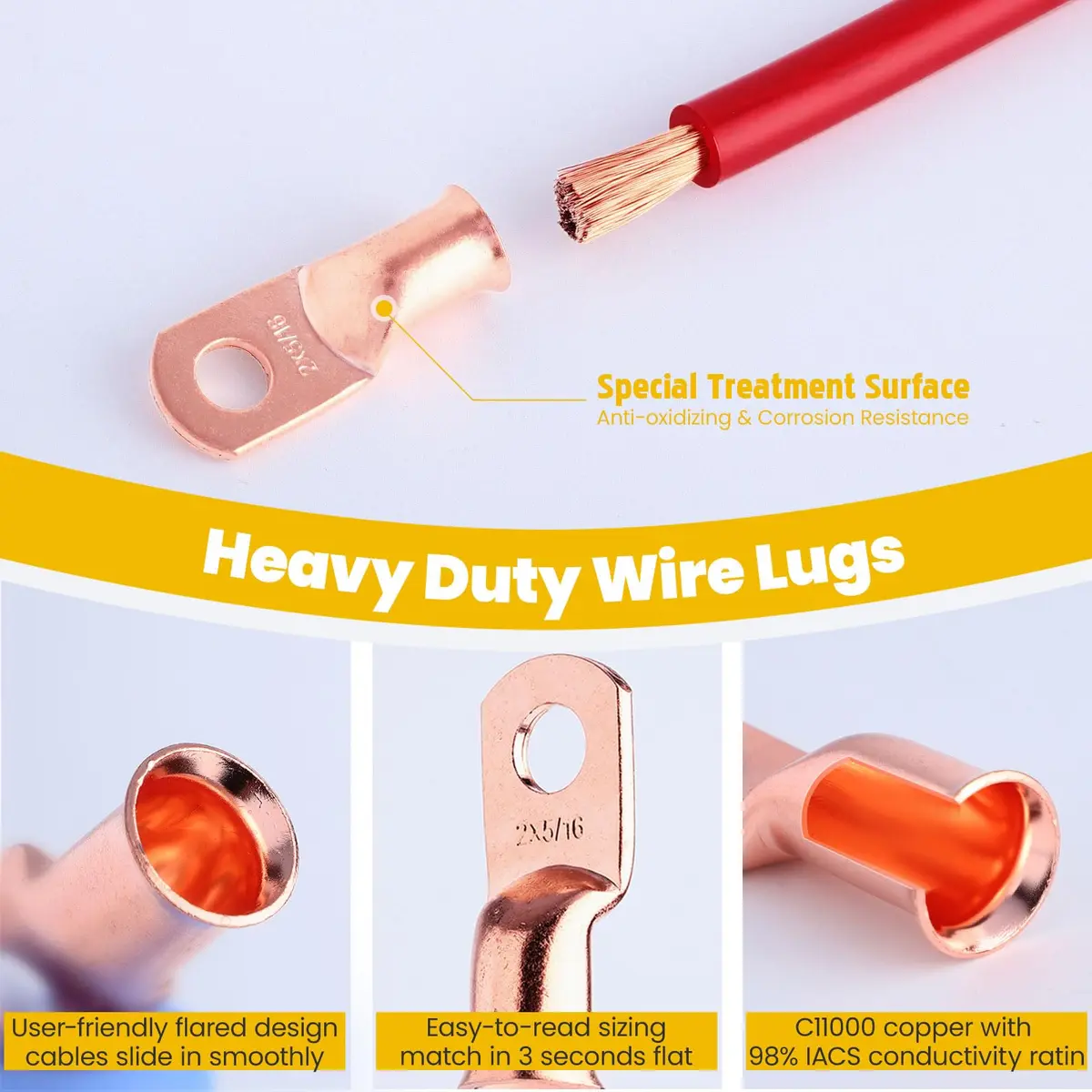 TKDMR 10 PCS 2 AWG - 3/8 Battery Cable Lugs Copper Wire Ring Terminals | Heavy Duty Copper Connectors with Heat Shrink - view 3