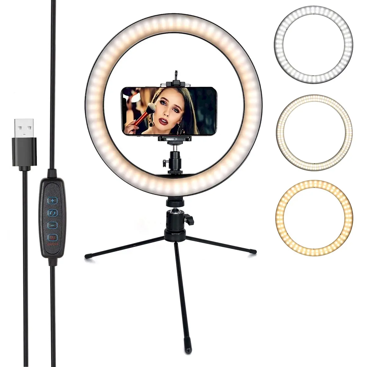 DaVoice 10" LED Ring Light for Makeup & Streaming | 3 Light Modes, Stand, Phone Holder, USB Powered - main product image