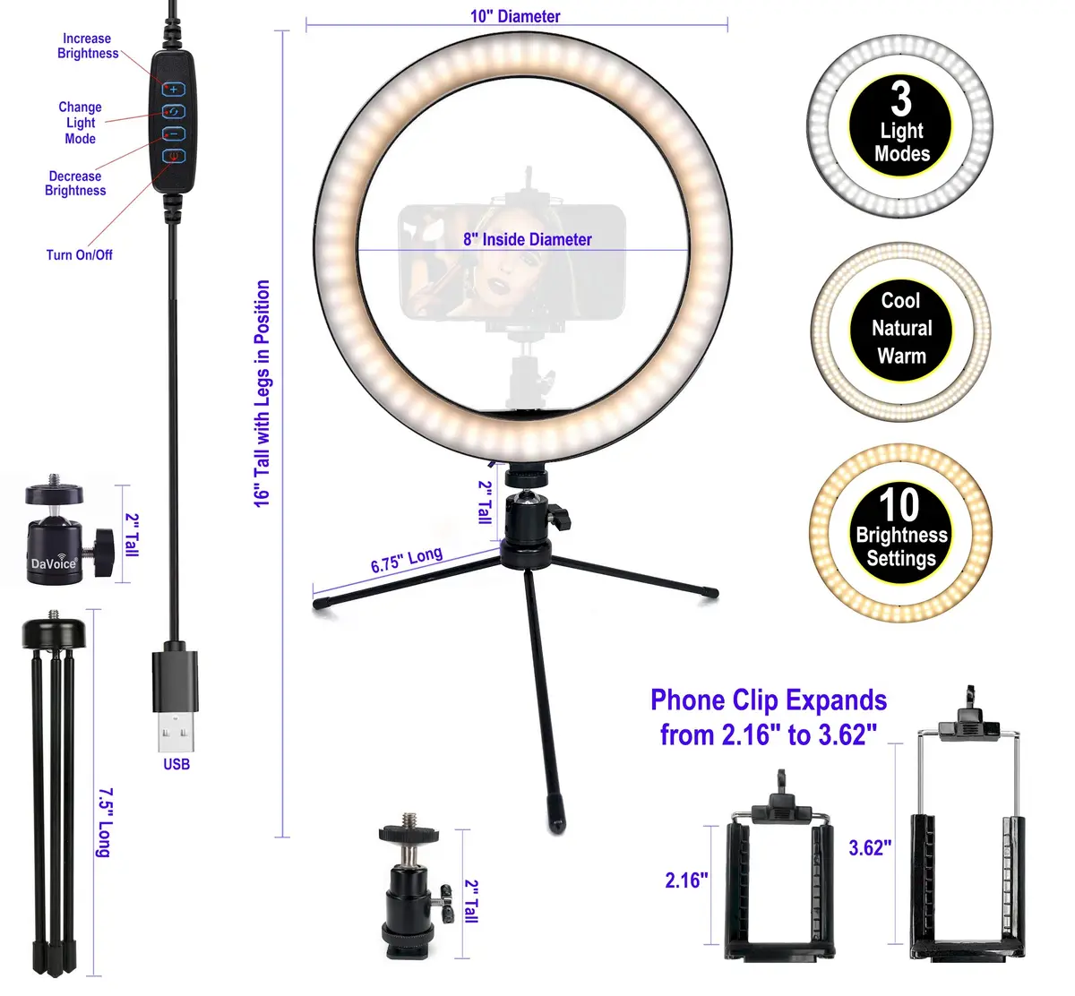 DaVoice 10" LED Ring Light for Makeup & Streaming | 3 Light Modes, Stand, Phone Holder, USB Powered - view 7
