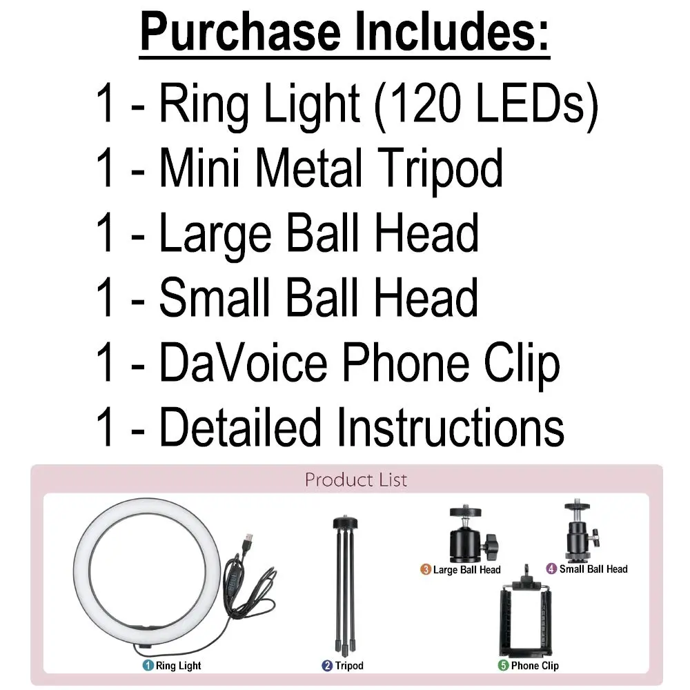 DaVoice 10" LED Ring Light for Makeup & Streaming | 3 Light Modes, Stand, Phone Holder, USB Powered - view 8