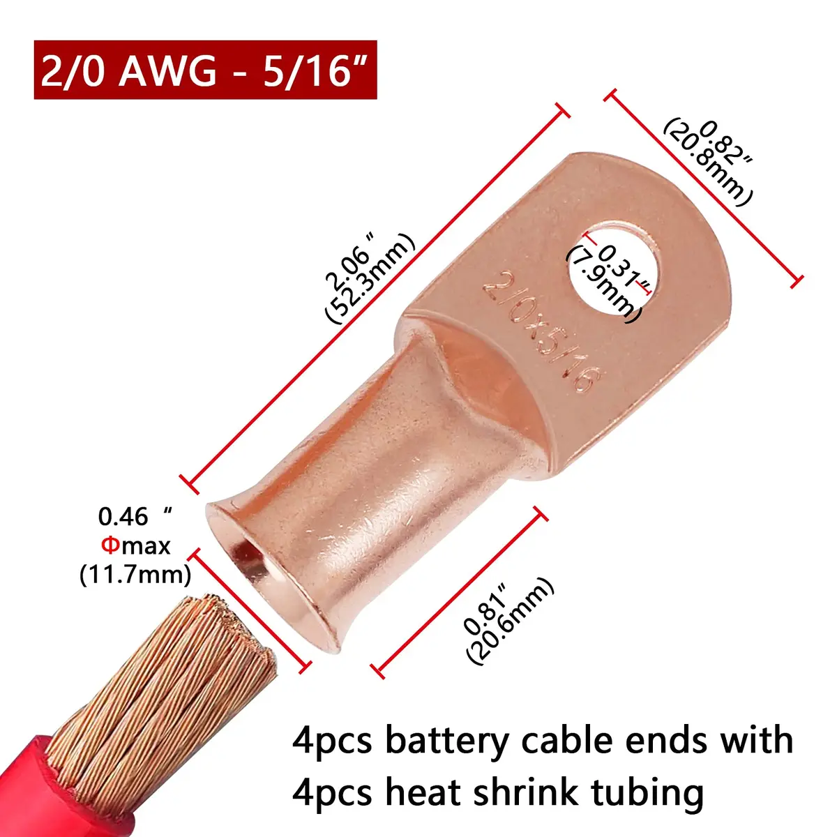 TKDMR 4 PCS 2/0 AWG - 5/16 Copper Battery Cable Lugs Ring Terminals | Corrosion-Resistant Copper, UL & CSA Certified (90c) - view 3