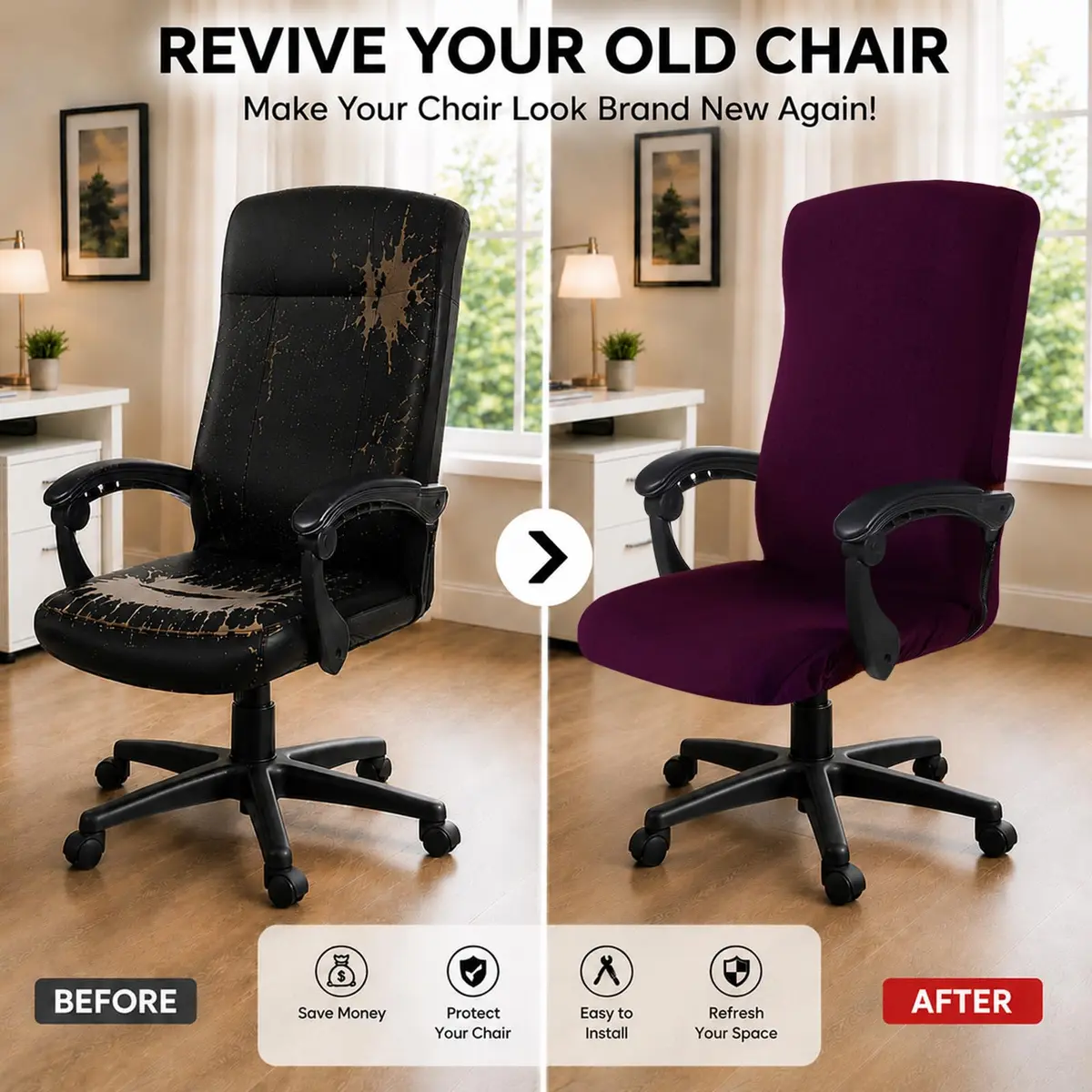 DIVA EN CAMINO DEC Office Chair Cover with Zipper | Washable, Anti-dust, Removable, Plum - view 2
