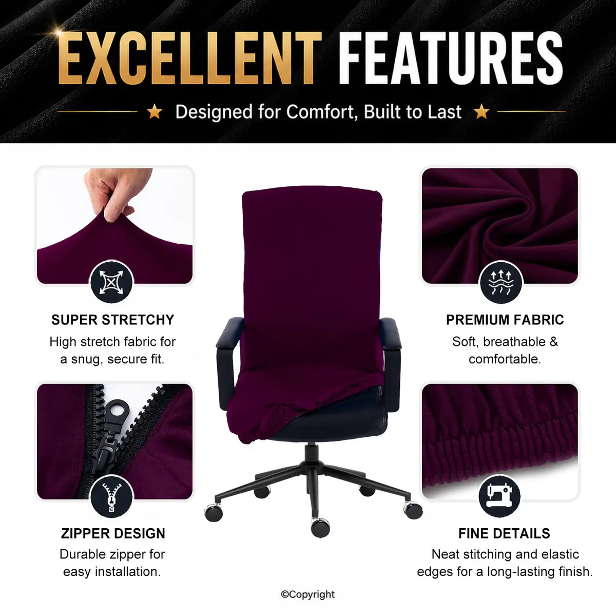 DIVA EN CAMINO DEC Office Chair Cover with Zipper | Washable, Anti-dust, Removable, Plum - view 4