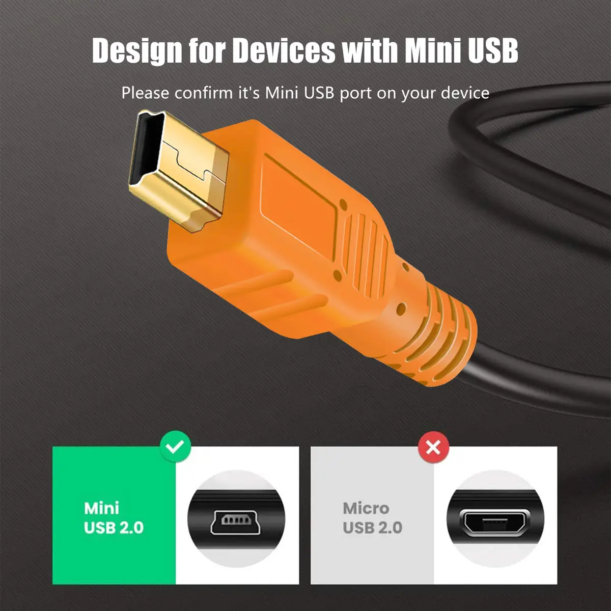 Tan QY Mini USB Cable 15Ft (4.57m) Orange | USB 2.0 Type A to Mini B Cord for GoPro, Cameras, Phones - view 5