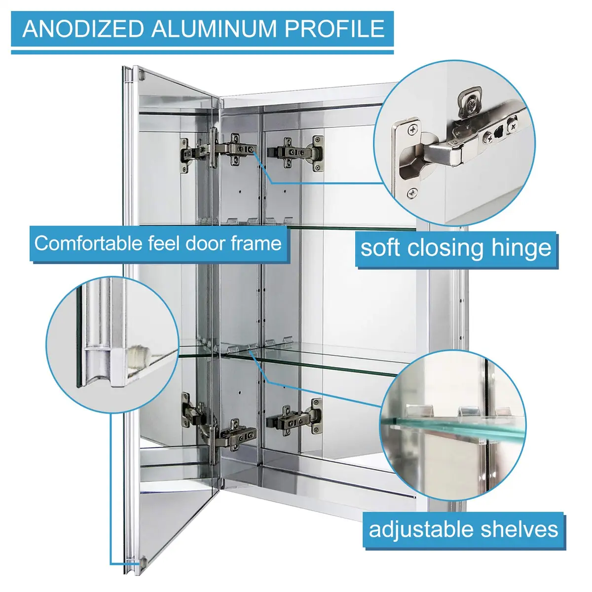 Fundin 15 x 24 Recessed Medicine Cabinet with 2 Adjustable Tempered Glass Shelves | Aluminum Bathroom Storage - view 5