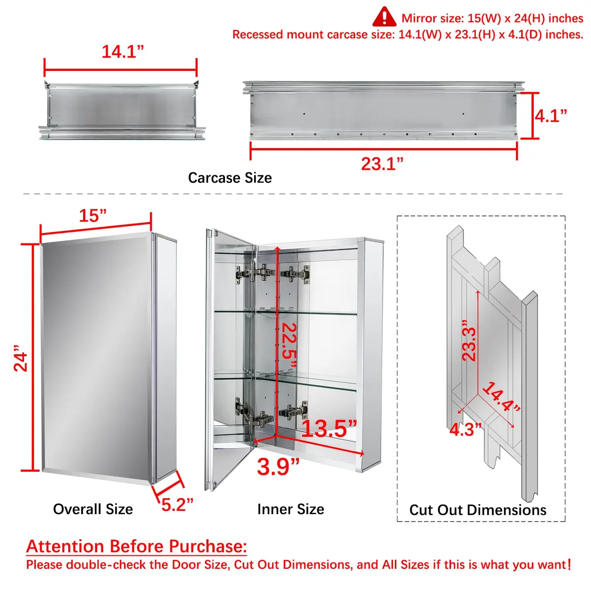 Fundin 15 x 24 Recessed Medicine Cabinet with 2 Adjustable Tempered Glass Shelves | Aluminum Bathroom Storage - view 3
