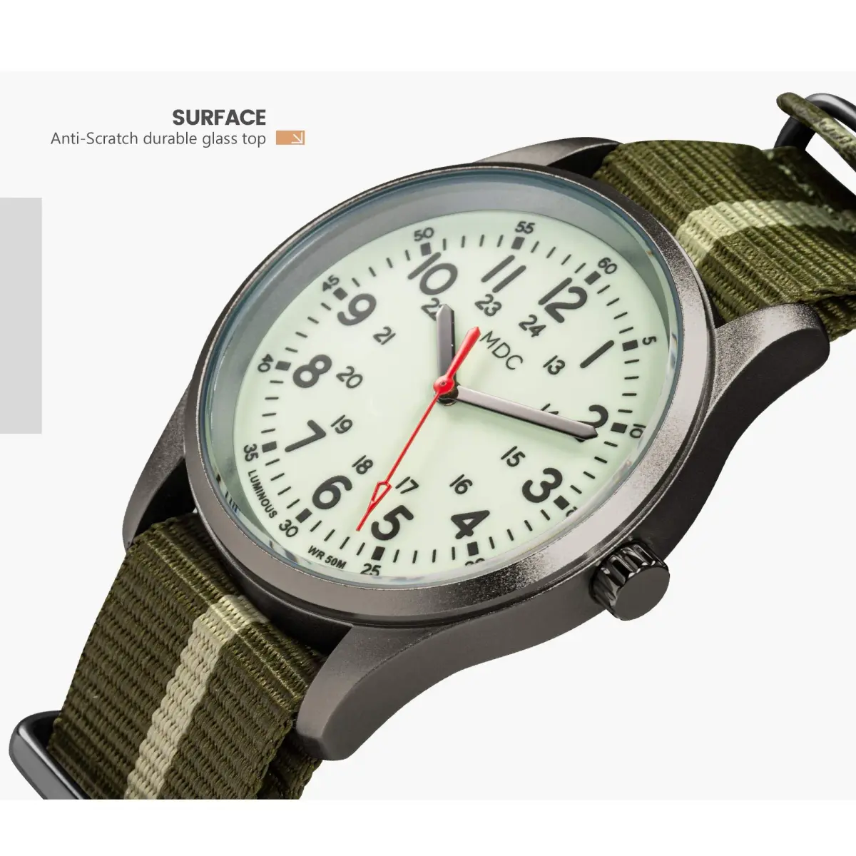 Infantry Military Field Watch 38mm (1.5 inch) | Luminous Dial, Green Nylon Strap, 50M Water Resistant - view 5