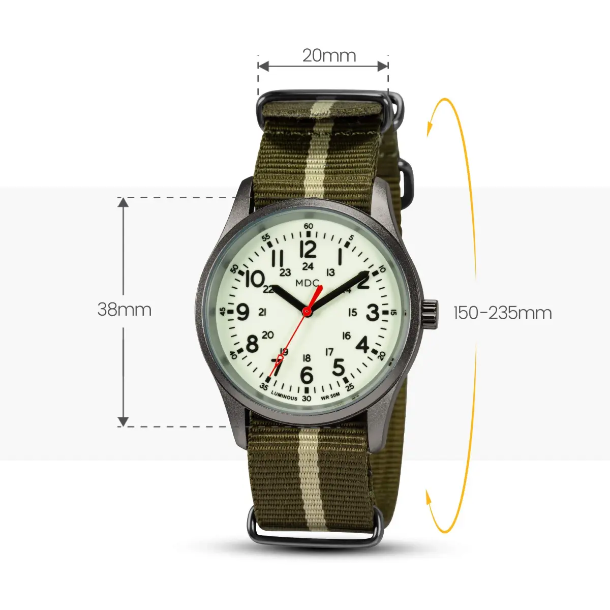 Infantry Military Field Watch 38mm (1.5 inch) | Luminous Dial, Green Nylon Strap, 50M Water Resistant - view 6