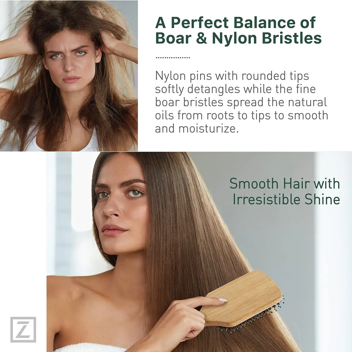 Zollo Natural Boar Bristle Hair Brush for All Hair Types | Detangles, Smooths Frizz, Enhances Shine - view 3