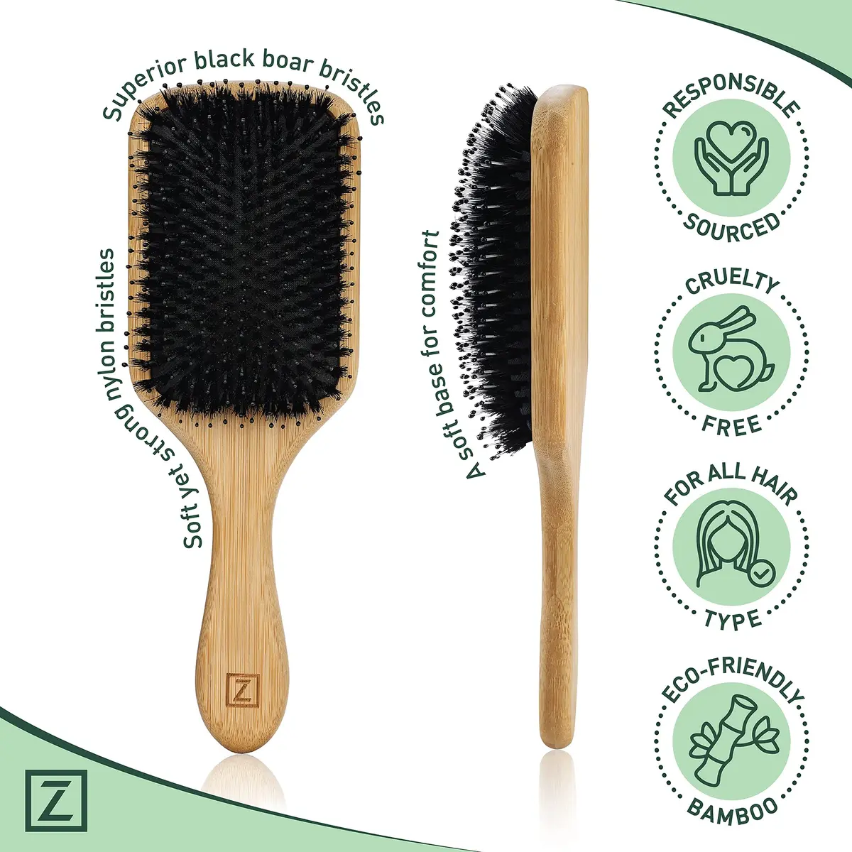 Zollo Natural Boar Bristle Hair Brush for All Hair Types | Detangles, Smooths Frizz, Enhances Shine - view 4