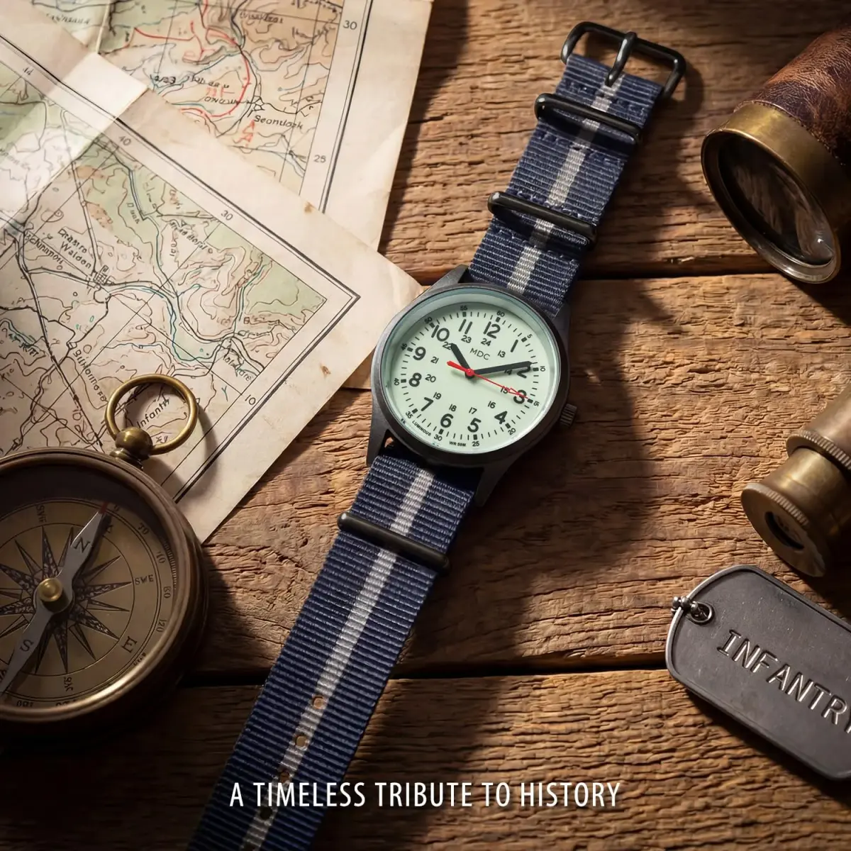 Infantry Military Field Watch 38mm (1.5 inch) | Luminous Dial, Blue Nylon Strap - view 4