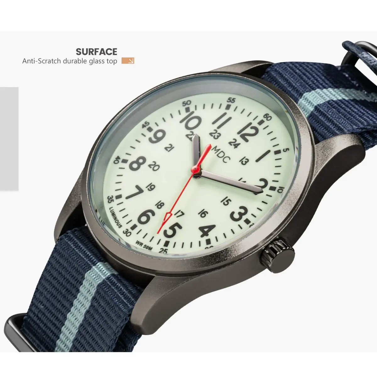 Infantry Military Field Watch 38mm (1.5 inch) | Luminous Dial, Blue Nylon Strap - view 5