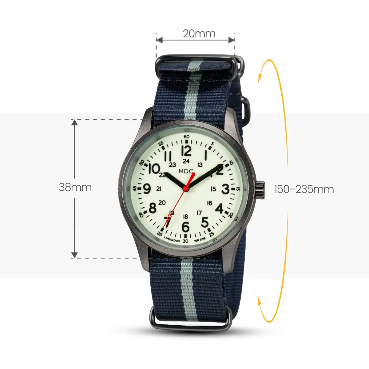 Infantry Military Field Watch 38mm (1.5 inch) | Luminous Dial, Blue Nylon Strap - view 6