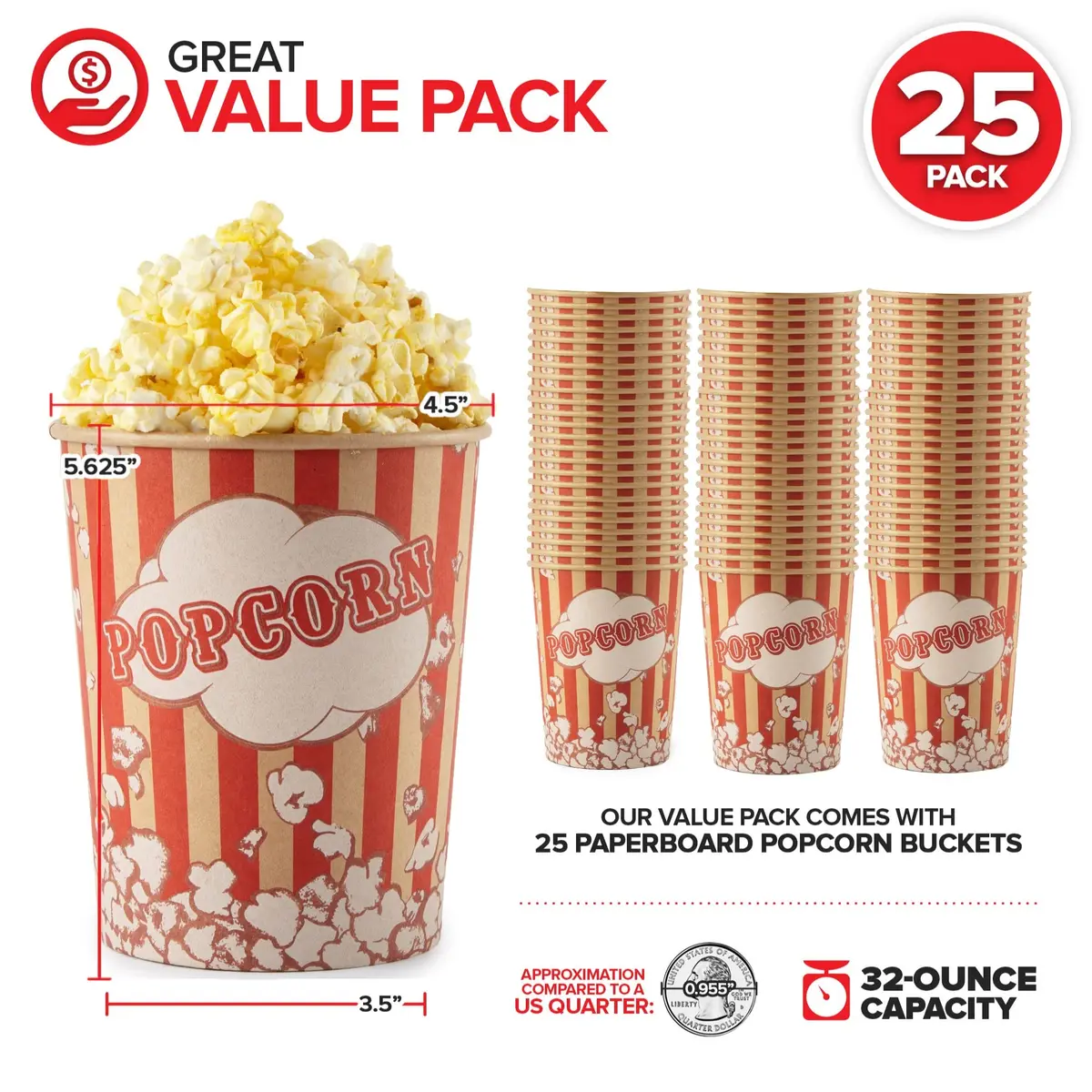 Stock Your Home 32 Oz Kraft Popcorn Buckets (25 Count) | Vintage Style Greaseproof Disposable Containers - view 2