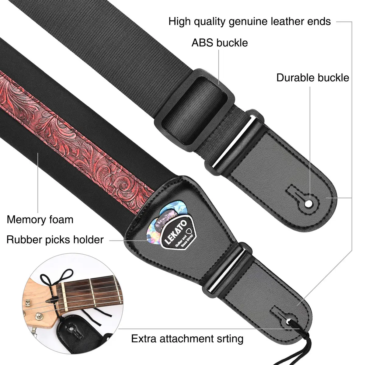 LEKATO Bass Guitar Strap - 3" Wide, Padded, Adjustable 45" to 55" | Comfortable, Durable & Safe for Heavy Guitars - view 2