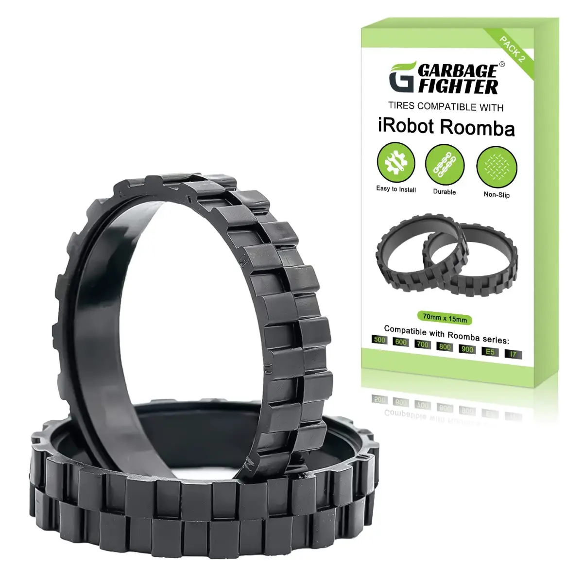 Garbage fighter Replacement Tires for iRobot Roomba 500-900 Series, e5, e6, i7 Vacuums | Black 2-Pack Natural Rubber - main product image