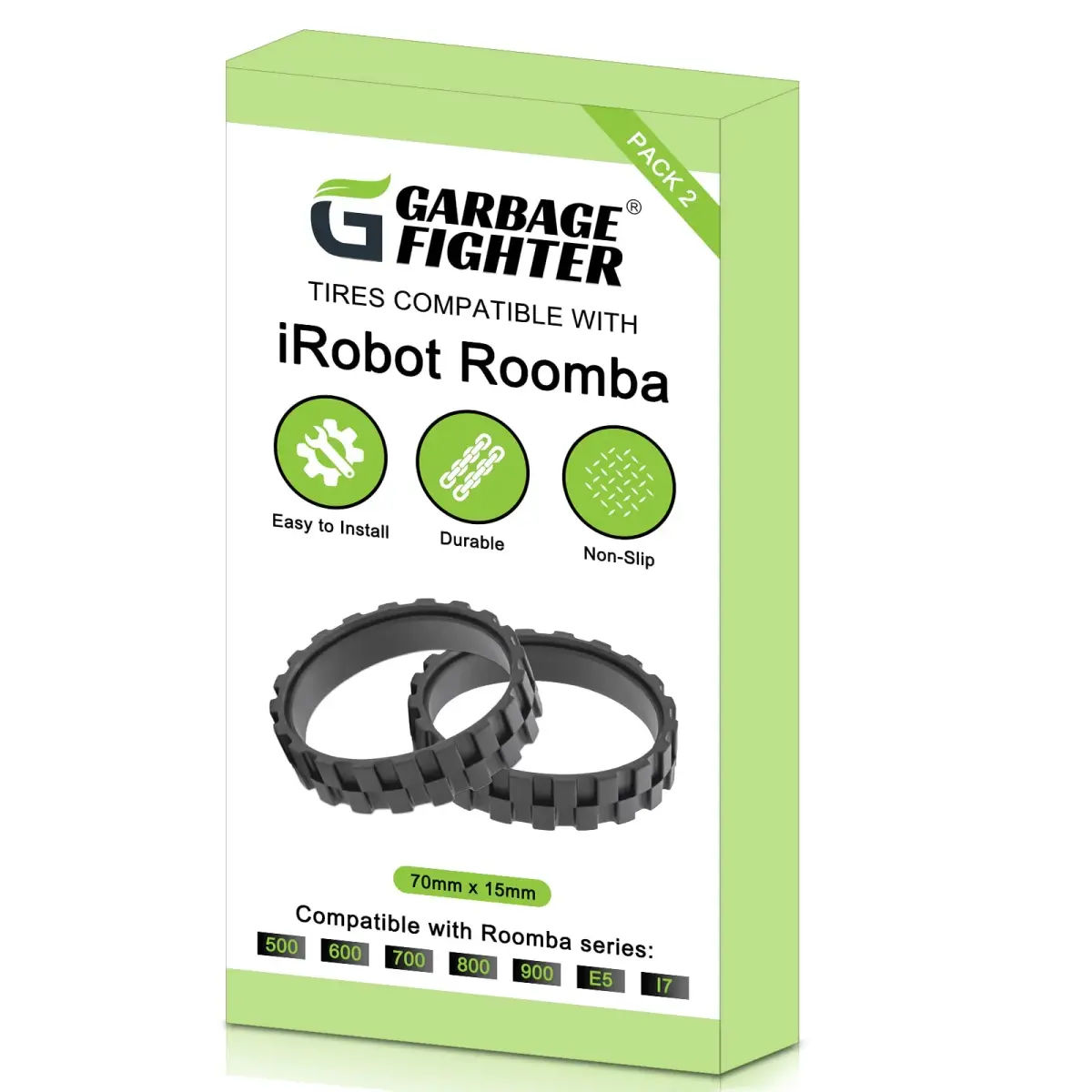 Garbage fighter Replacement Tires for iRobot Roomba 500-900 Series, e5, e6, i7 Vacuums | Black 2-Pack Natural Rubber - view 8