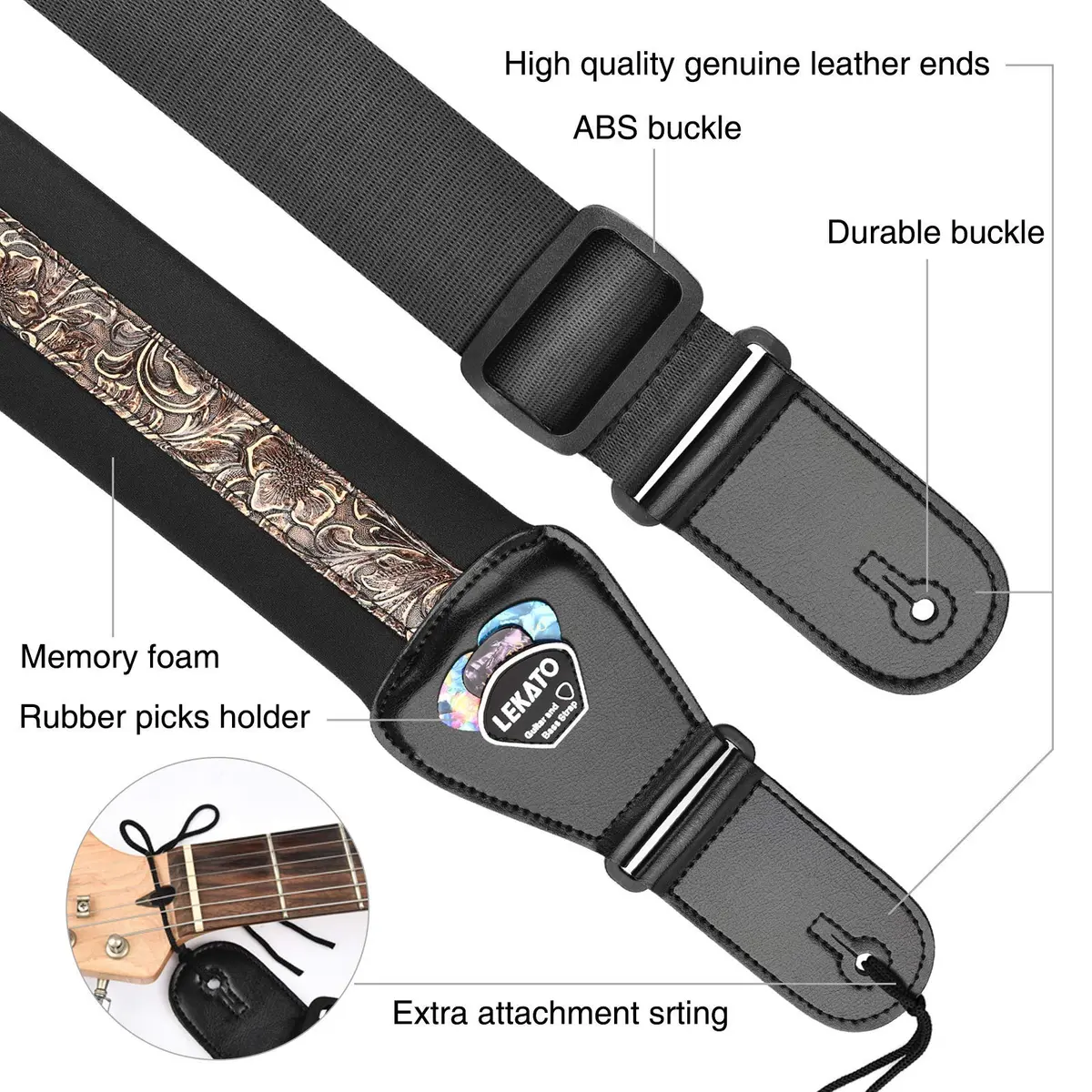 LEKATO Bass Guitar Strap - 3" Wide, Padded, Adjustable 45" to 55" | Comfortable & Durable - view 2