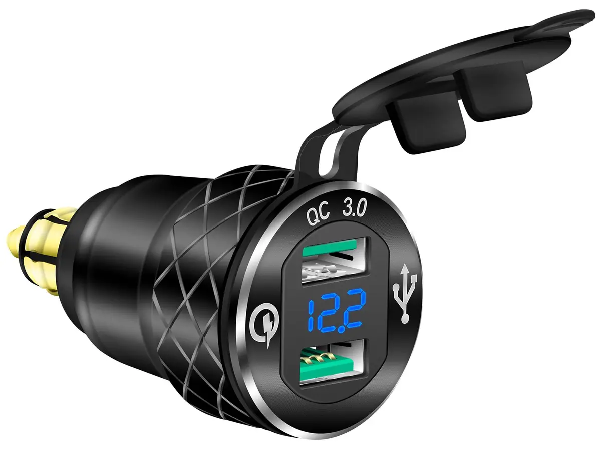 DAIERTEK DIN Hella Plug to Dual USB Charger Adapter for BMW Triumph Tiger Ducati Motorcycle Waterproof QC3.0 with Blue LED Voltmeter - main product image