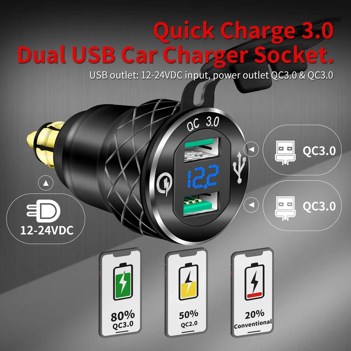 DAIERTEK DIN Hella Plug to Dual USB Charger Adapter for BMW Triumph Tiger Ducati Motorcycle Waterproof QC3.0 with Blue LED Voltmeter - view 3