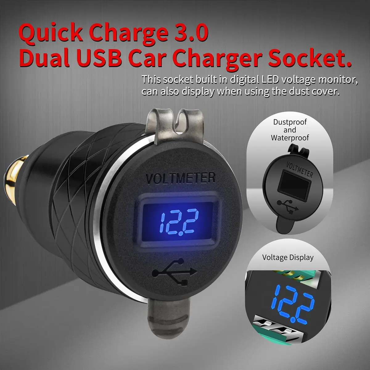 DAIERTEK DIN Hella Plug to Dual USB Charger Adapter for BMW Triumph Tiger Ducati Motorcycle Waterproof QC3.0 with Blue LED Voltmeter - view 4