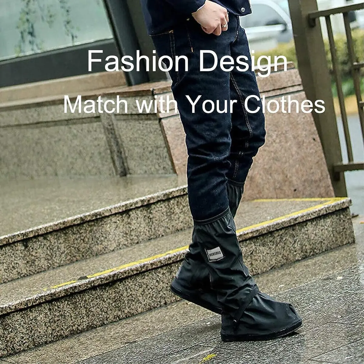 HEKEDES Waterproof Shoe Covers Reusable Foldable Rain Boot with Zipper, Non-Slip, Reflector, Men Women Black | 14in Sole Length - view 8